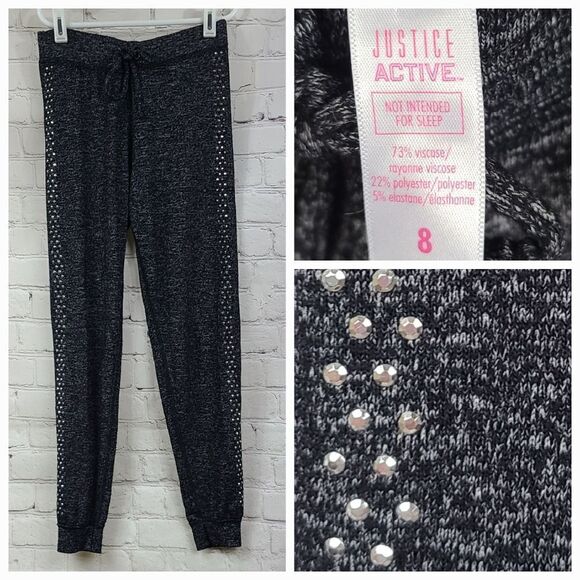 Justice Active Girls 8 Black Heather Hacci Jogger Pants Silver Stud Sparkly Knit - Picture 1 of 8